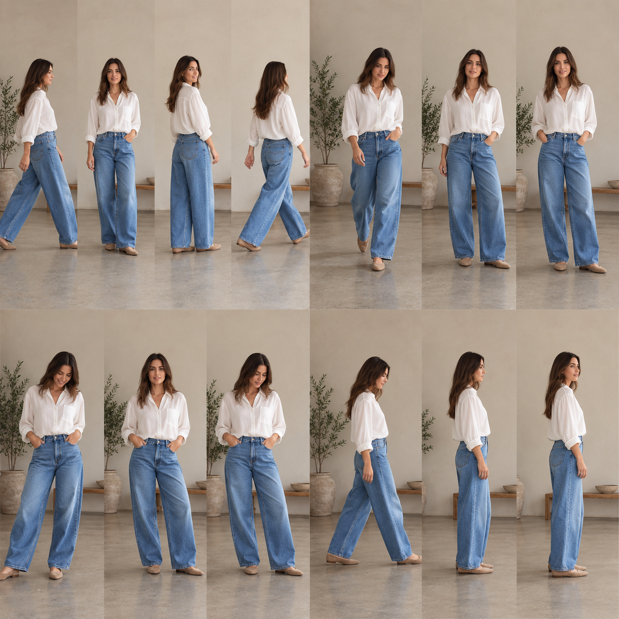 Cross-frame Turn: photographic poses illustrating Enter left → stop at center → quarter-turn → exit right