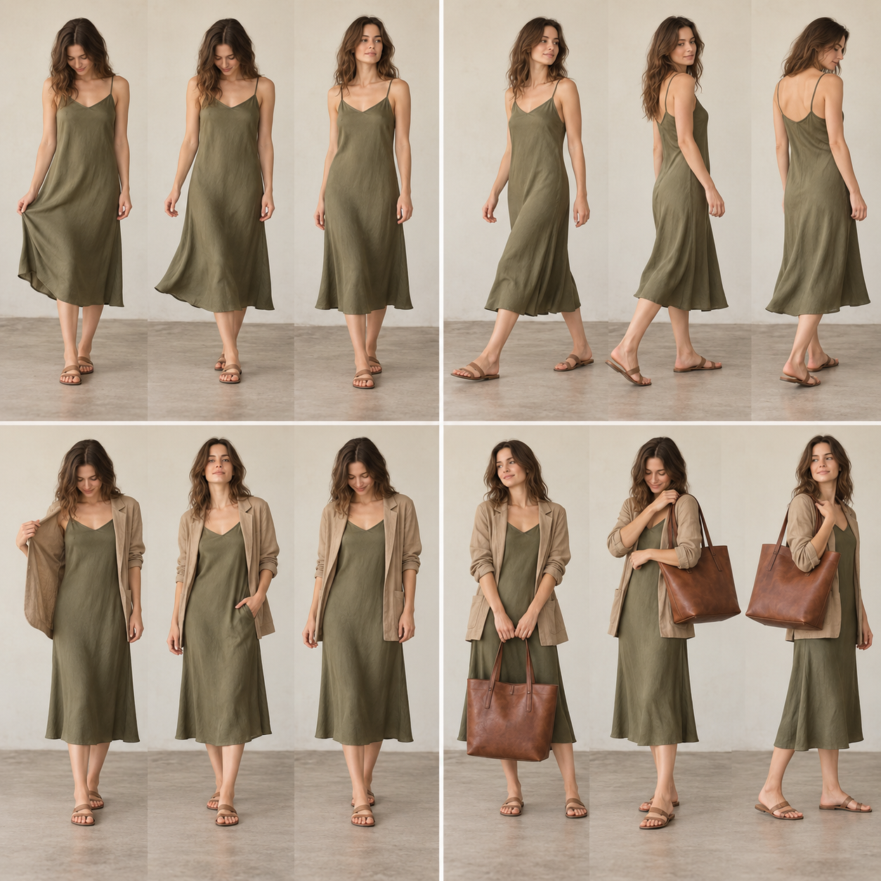 Hem Release: photographic poses illustrating Hold hem lightly → release → settle