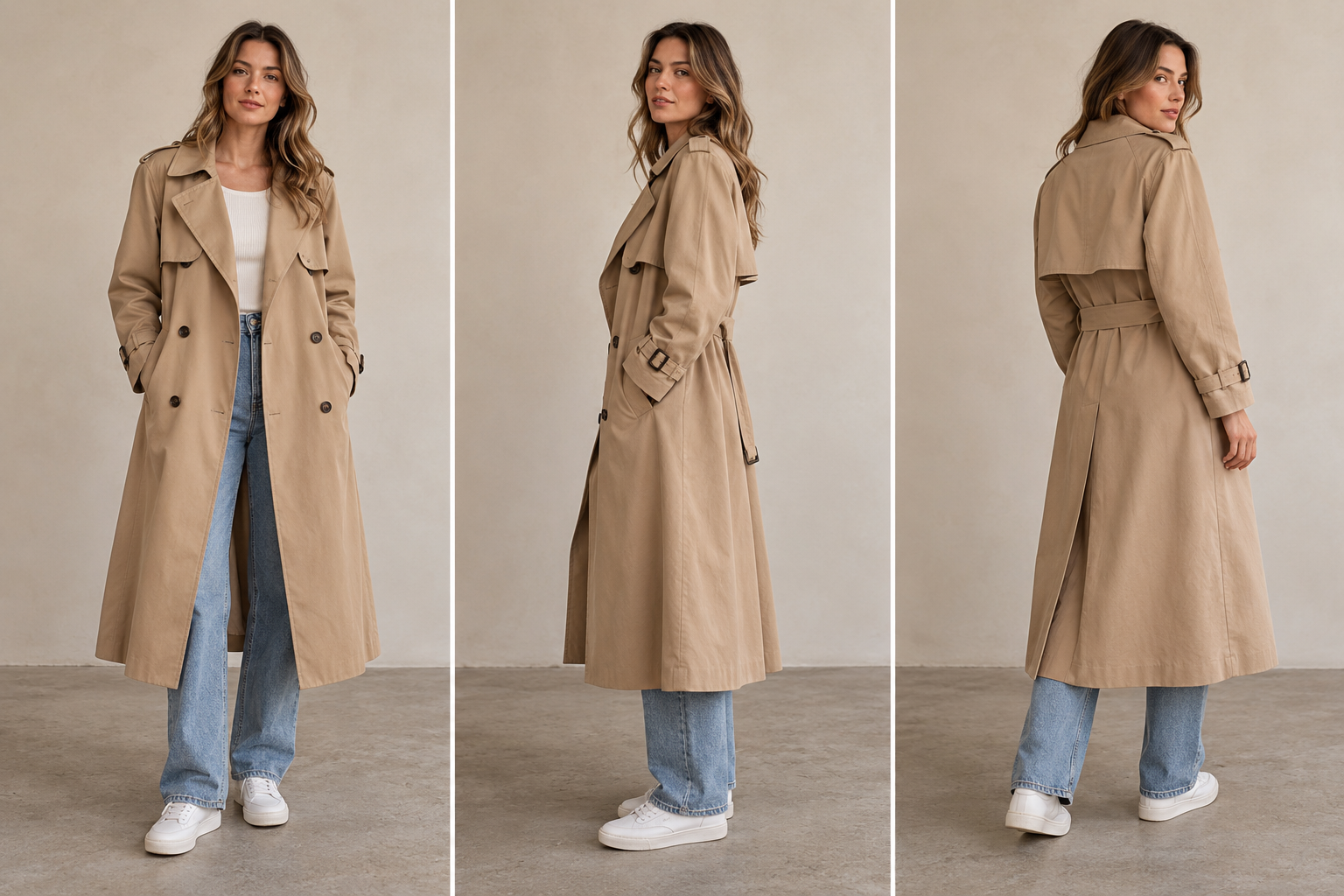 Three-angle Reveal: photographic poses illustrating Front → side → rear three-quarter